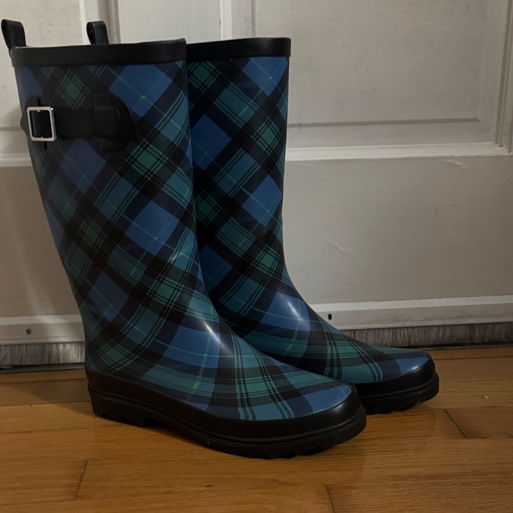 Plaid Rain Boots with Buckle